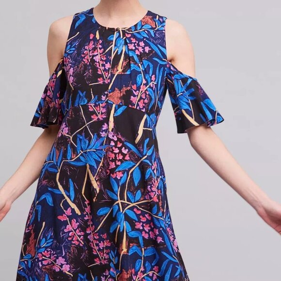 Anthropologie Maeve Elia Open Shoulder Navy Blue Floral Ruffle Sleeve Mini Dress - Picture 4 of 16